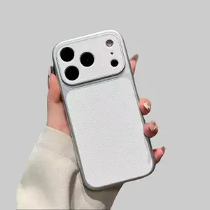 Faux Leather Texture Cellphone Cover, Electroplated Silver Frame Shockproof Protection for iPhone 12-15 Pro Max/16 Plus/17, Premium Grip Stylish Panda Design Tech Accessories