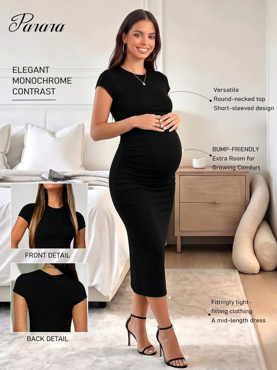 LUNA LAYER Womens Maternity Fitted Slimming Elegant Round Neck Summer Long Bodycon Dress