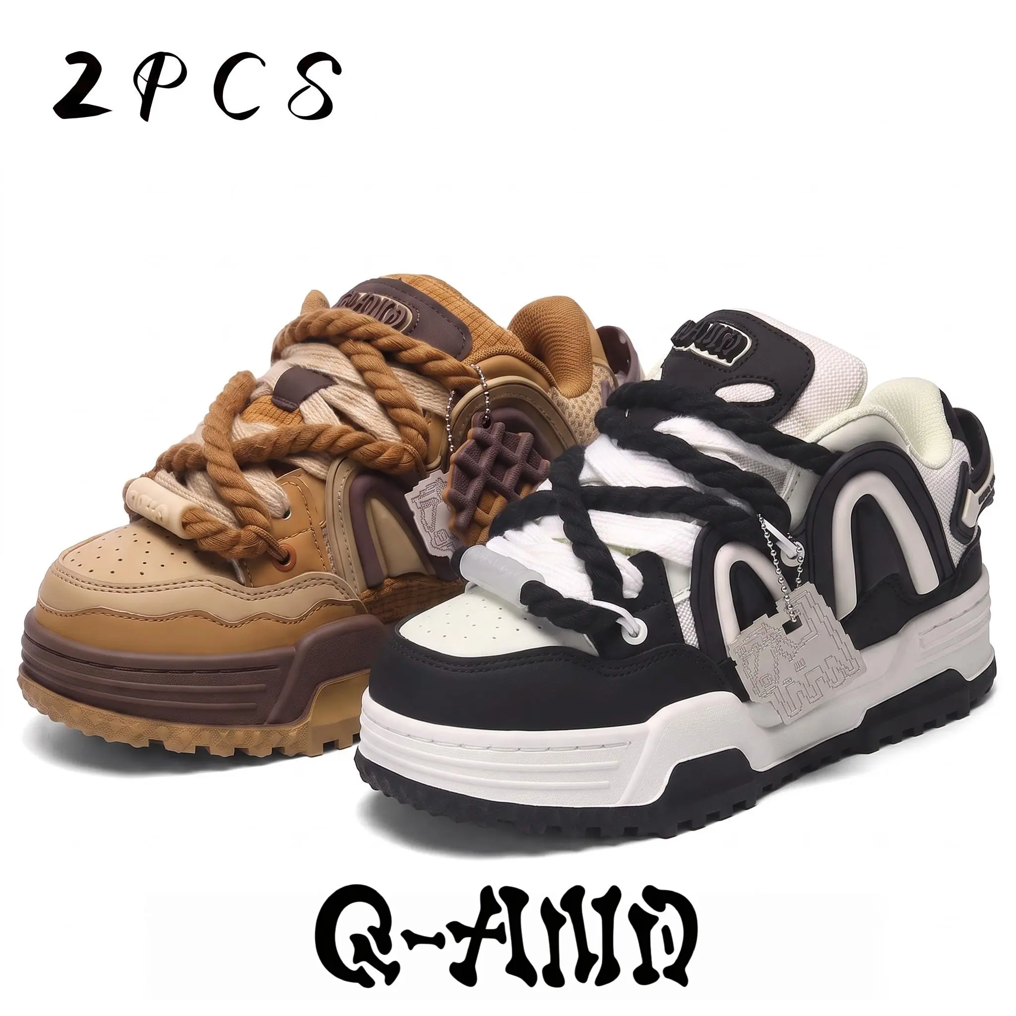 Q-AND Streetwear Casual Board Shoes Chunky Platform Skate Sneakers Thick Rope Lace Non-Slip Height Boost Fashion Sneakers 4 Colorways