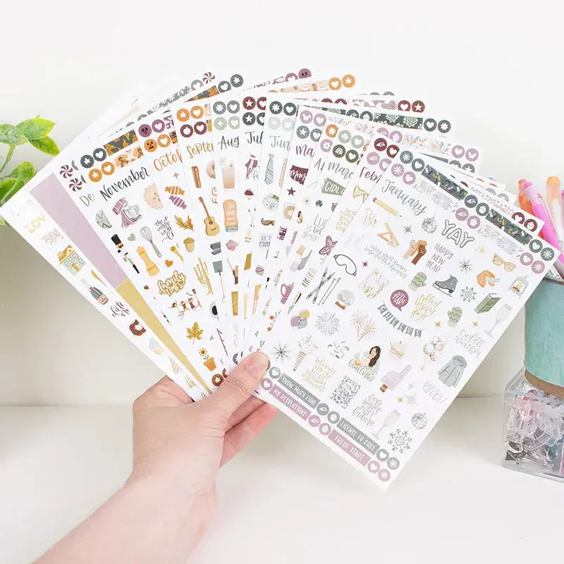 Planner Sticker Value Pack Monthly Celebrations Cool Tones 14 Unique Sheets 1150 Hand Drawn Stickers Glossy Matte Mix for Paper Planners Graphic Decal Crafting Kit