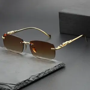2026 New Trendy Women Men Metal Temple Eyewear Rectangle Frameless Glasses Retro Rimless Square Sunglasses Shades Unisex Fashion Accessory