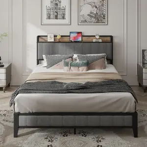Queen Size Bed Frame with Charging Station, Upholstered Queen Platform Bed with Storage Headboard, Metal Platform Bed Queen for Bedroom