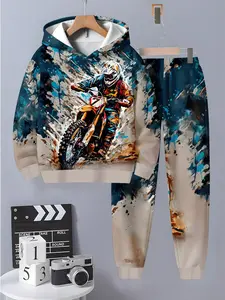 Boys' Fun Printed Hoodie Sweatshirts and Sweatpants Set Youth Kits, Comfortable Casual Wear, Soft and Cozy, 3D Fashion Kids, Long Sleeve Top + Pants