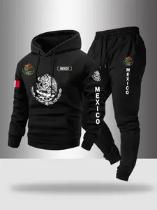 Men's Fall Winter 2-Piece Set Mexico Letter Print Hoodie and Sport Pants, Casual Comfort Soft Thick Fabric, Long Sleeve Regular Length Graphic Tracksuit