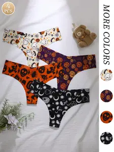4 Pack Halloween Print Seamless Thong Panties, Cute Sweet Cool Girl Series, High Stretch Invisible Breathable, Party Street Home Wear