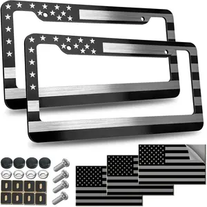 American Flag License Plate Frame - Black Patriotic USA Car Tag Frame Holder 2 Pack in Alum-Plastic Hybrid with Brushed Finish & Screws Caps Decals