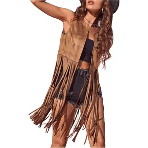 Women's Fringe Vest Sleeveless 70s Hippie Faux Suede Trim Western Cowgirl Tassel Jacket Cardigan