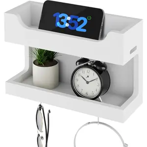 Wall Mounted Wooden Bedside Accessories Organizer, Double Tray Bedside Storage Shelf Rack with Magnetic Hooks, Bedroom Dorm RV Wall Caddy Holder for Phone Glasses Alarm Clock Remote (White)