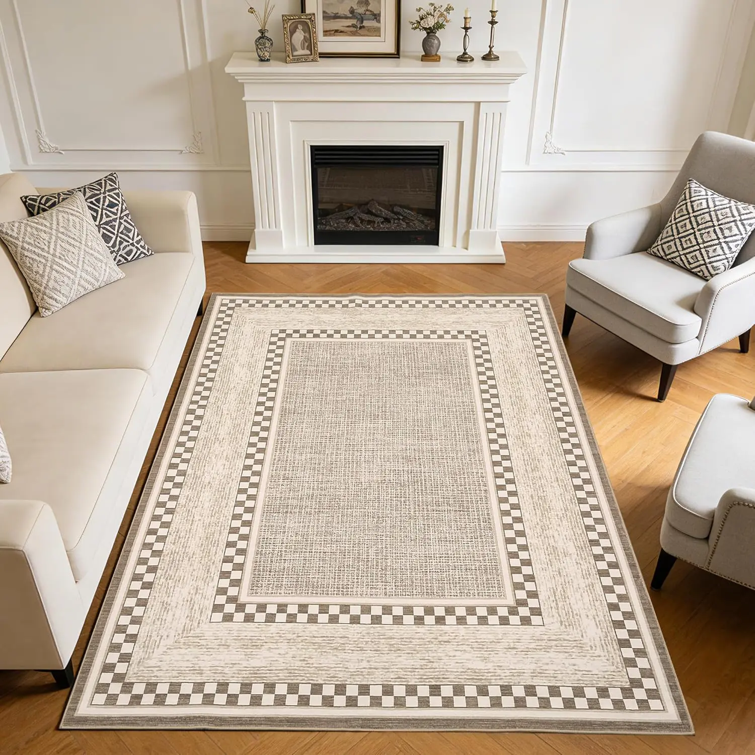 Checkered Area Rug 6x9, No Slip Washable Rug, Modern Bedroom Rug Under Bed Ultra Carpet, Low-Pile Rugs for Living Room Bedroom Dining Room, Brown, Rugs For Bedroom, Checkerboard