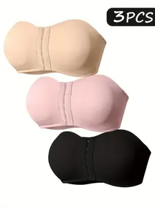 Women's Strapless Push-Up Bra, Medium Support, Plain Pattern, Fitted Design, All Seasons Wear, Invisible Wedding & Daily Use