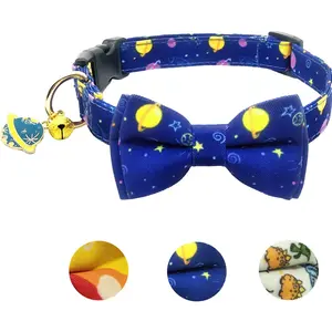 KUDES Dog Bow Tie, Adjustable Dog Collars with Bow Tie and Bells Charm Safety Buckle Cute Pet Collars for Small/Medium/Large Dogs and Cats Boys Girls (Space, S(10"-14")) Leegoo