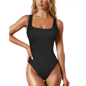 Women Workout Romper Yoga Ribbed Square Neck One Piece Seamless Tank Top Jumpsuit