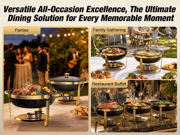 WARMOUNTS 9QT Gold Round Chafing Dishes Display Set - Maifanite-Coated Stainless Steel Food Warmers with Glass Lid Holder, Rolled-Edge Design, Stackable Storage for Catering Events, Maifanite Coat, Round Shape