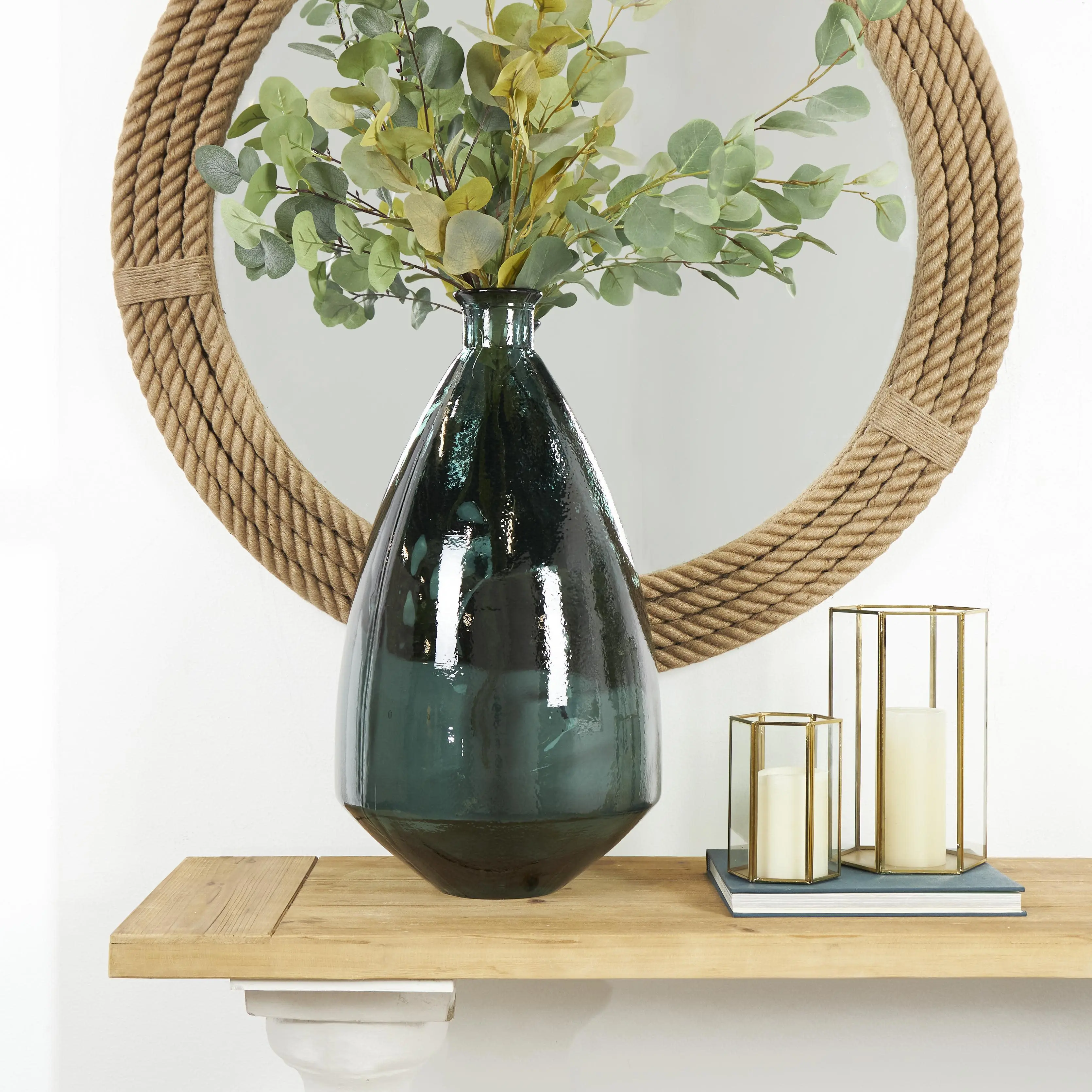 Green Recycled Glass  Handmade Spanish Bottle Neck Tapered Bell Shaped Decorative Vase, 13" x 13" x 24"