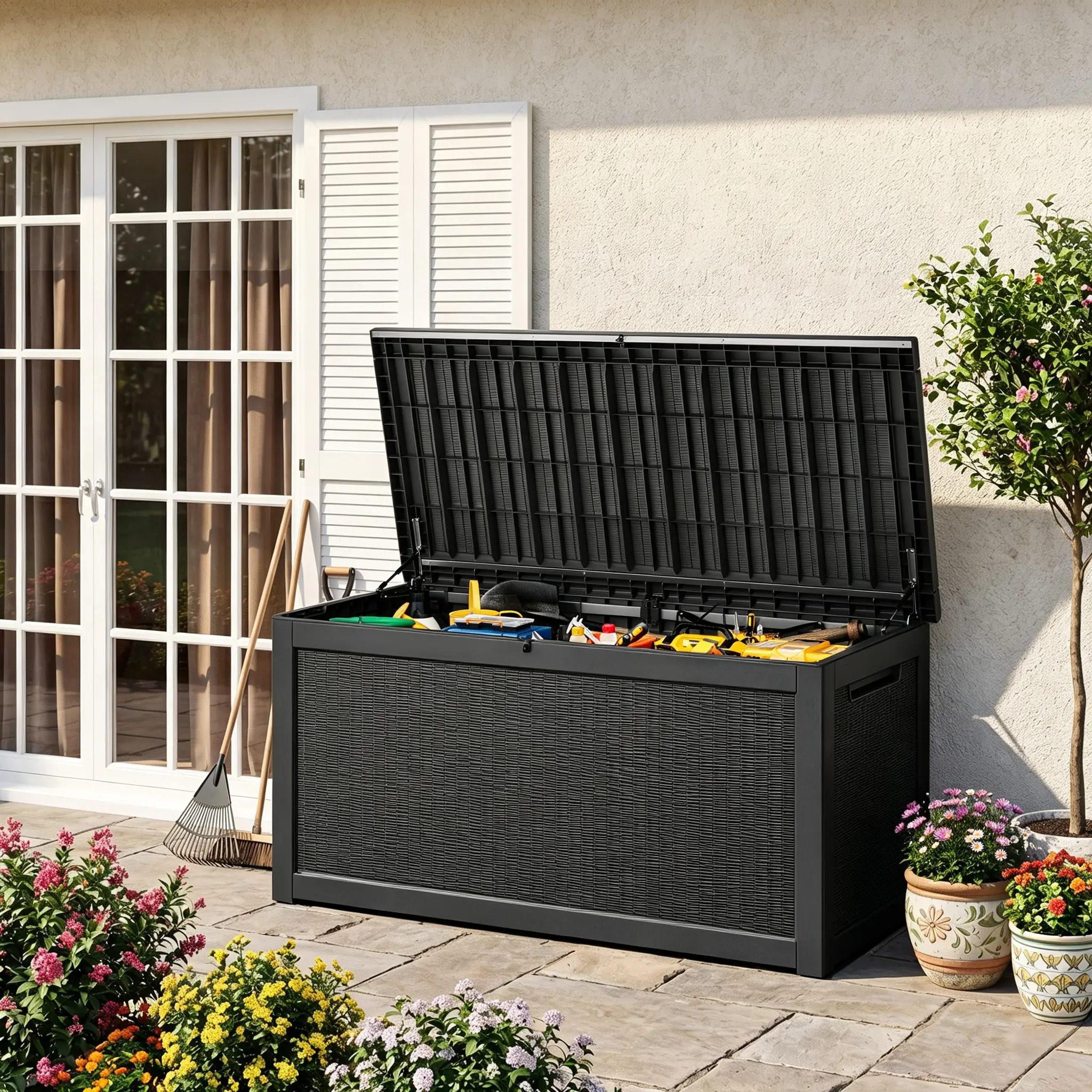 RIWENGO 320 Gal Wood Grain Waterproof Resin Storage Bench - UV Fade Resistant, Lockable, Low-Maintenance Resin Shell, Toolless Assembly, Built-In Handles, 30.4" L x 16.7" W x 21.7" H Outdoor Furniture to Organize Garden Tools, Cushions