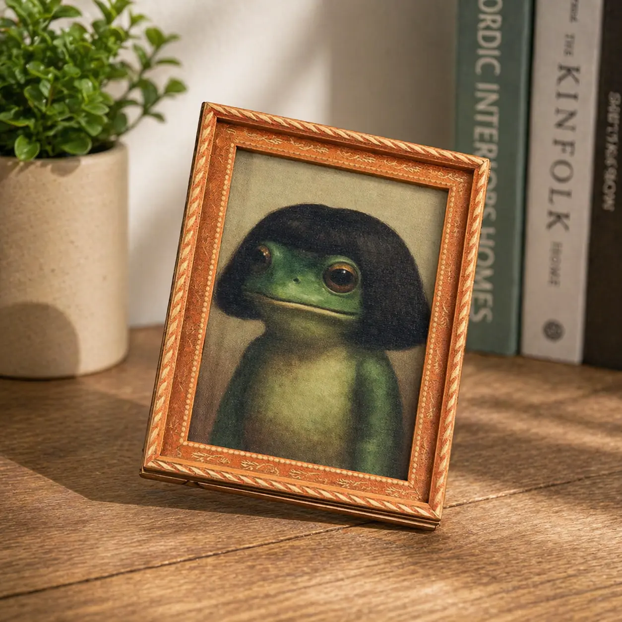 Funny Frog Wooden Refrigerator Magnet - Mini Green Frog with Haircut, Durable Home & Kitchen Decorative Magnet