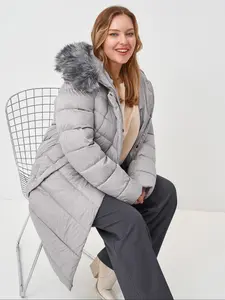 Plus Size Casual Solid Color Patchwork Faux Fur Hooded Long Cotton Jacket, Winter Warm Coat for Women, Stylish Outerwear, Winter Essentials