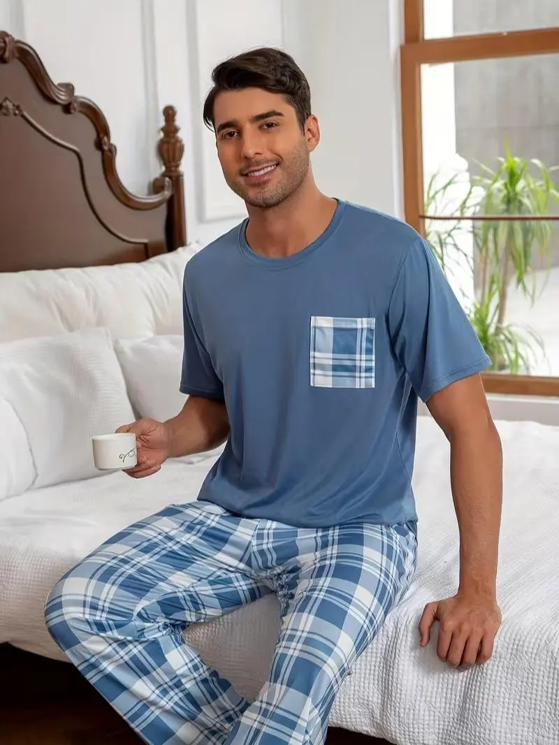 Men Round Neck Solid Blue Short Sleeve Pajama Set With Pockets, Checkered Long Pants Sleepwear 2 Piece Set