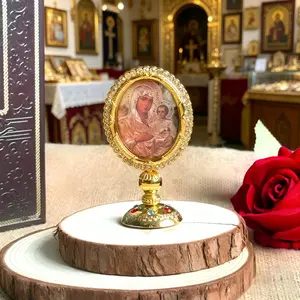 Gold Plated Orthodox Christian Icon with Rhinestones, Saints Religious Figurine, Religious Ornaments, Self-Stick Base for Car Dashboard and Home Altar, Ornate Religious Decor