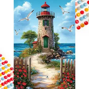 5D DIY Full Drill Round Diamond Painting - Diamond Painting Kit Lighthouse Seagull Mosaic Canvas DIY Wall Art, Home Wall Decoration