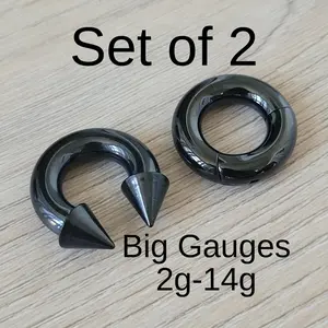 Black Spike Horseshoe & Clicker Ring Septum Cartilage Set 2g-14g Surgical Steel 316L Titanium Ion Plated Big Gauges