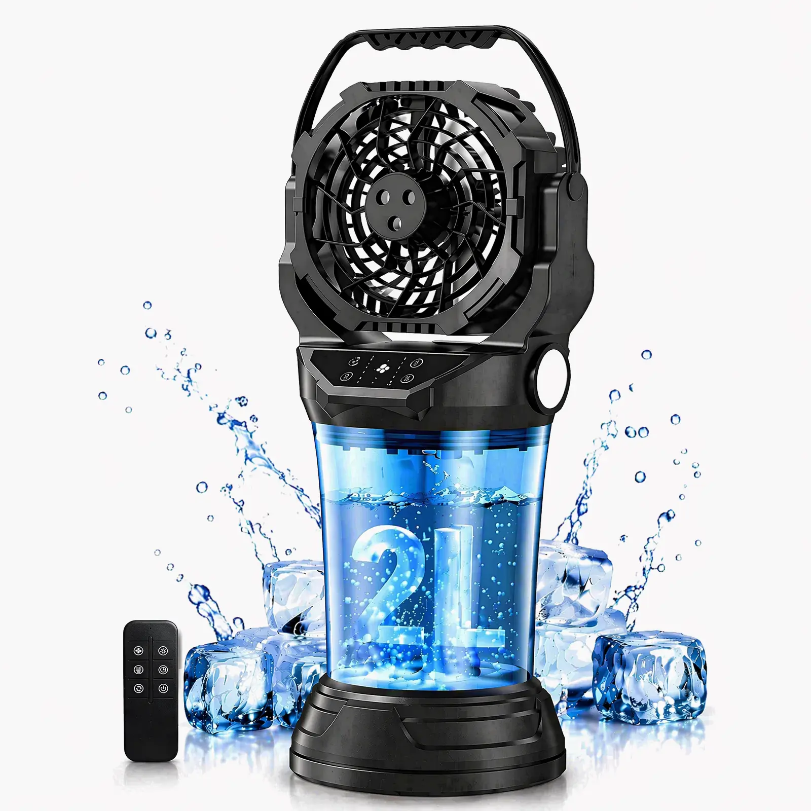 2026 New  Portable Camping Misting Fan with 2L Bucket 38000mAh Rechargeable Multifunction Fan,Infinitely variable speed,4 Spray Mister with with RGB mood  light for Camping, Home Office,Bedroom,Patio,Fishing,Travel,Garden Party,Golf,Outside