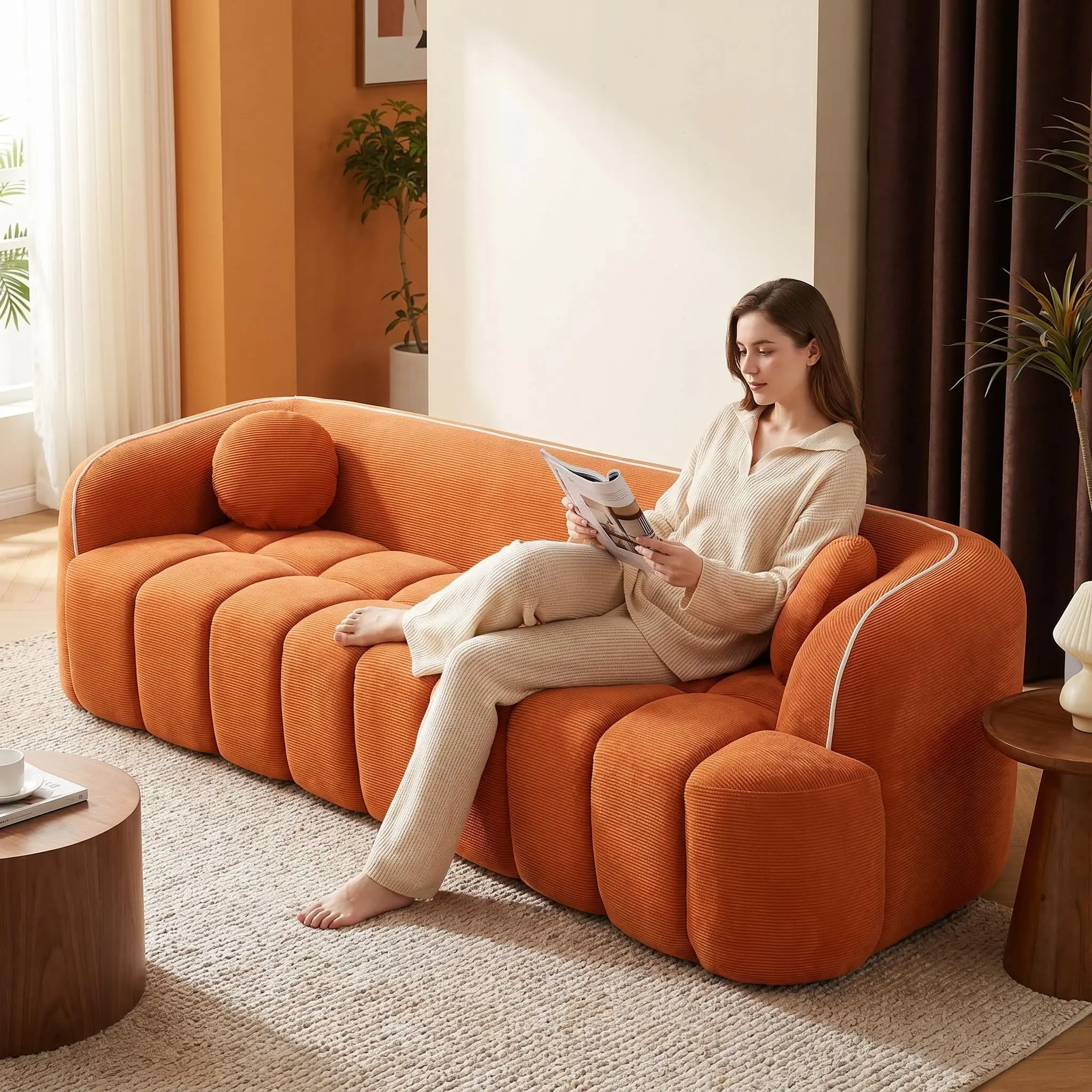 98.4" Long Modern 3-Seat Durable Corduroy Comfy Couch - Bubble Puffs Tufted Deep Seat, Orange, 2 Throw Pillows, Piping Accents, Spot Cleaning, Vacuum-Packed Sofa-in-a-Box, No-Assembly Living Room Furniture, Contemporary Style Sofa Sets