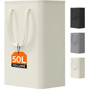 50L Slim Laundry Hamper, Narrow Small Laundry Basket with Handle for Dirty Clothes, Collapsible Tall Thin Laundry Bin for Bathroom Bedroom Dorm College, White