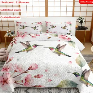 3pcs, 2D flat print Watercolor Hummingbird & Cherry Blossom bed cover set, multiple sizes available, bedding set, festive decorative bedding, ideal for bedroom décor(1 bedspread , 2 pillowcase)
