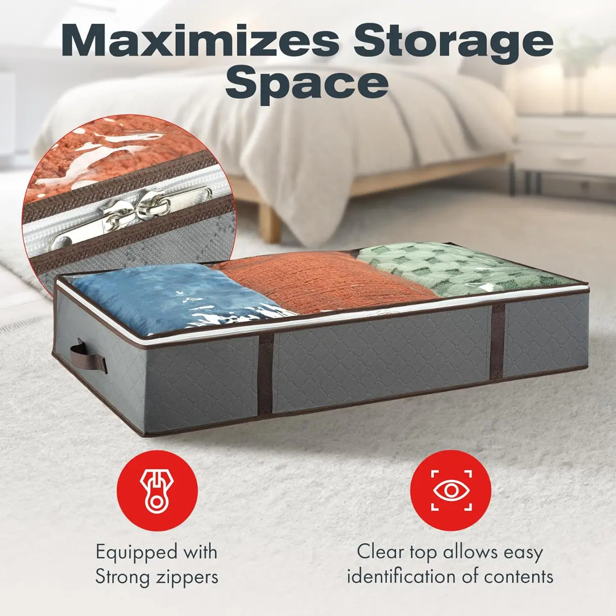 Underbed Storage Bags 4-Pack - Foldable Under Bed Storage Organizer for Clothes, Bedroom Blankets, Comforter, Pillows, Linen Sheets, Towels, Sweaters, Shoe Drawers. Ideal College Dorm Storage. (Grey)