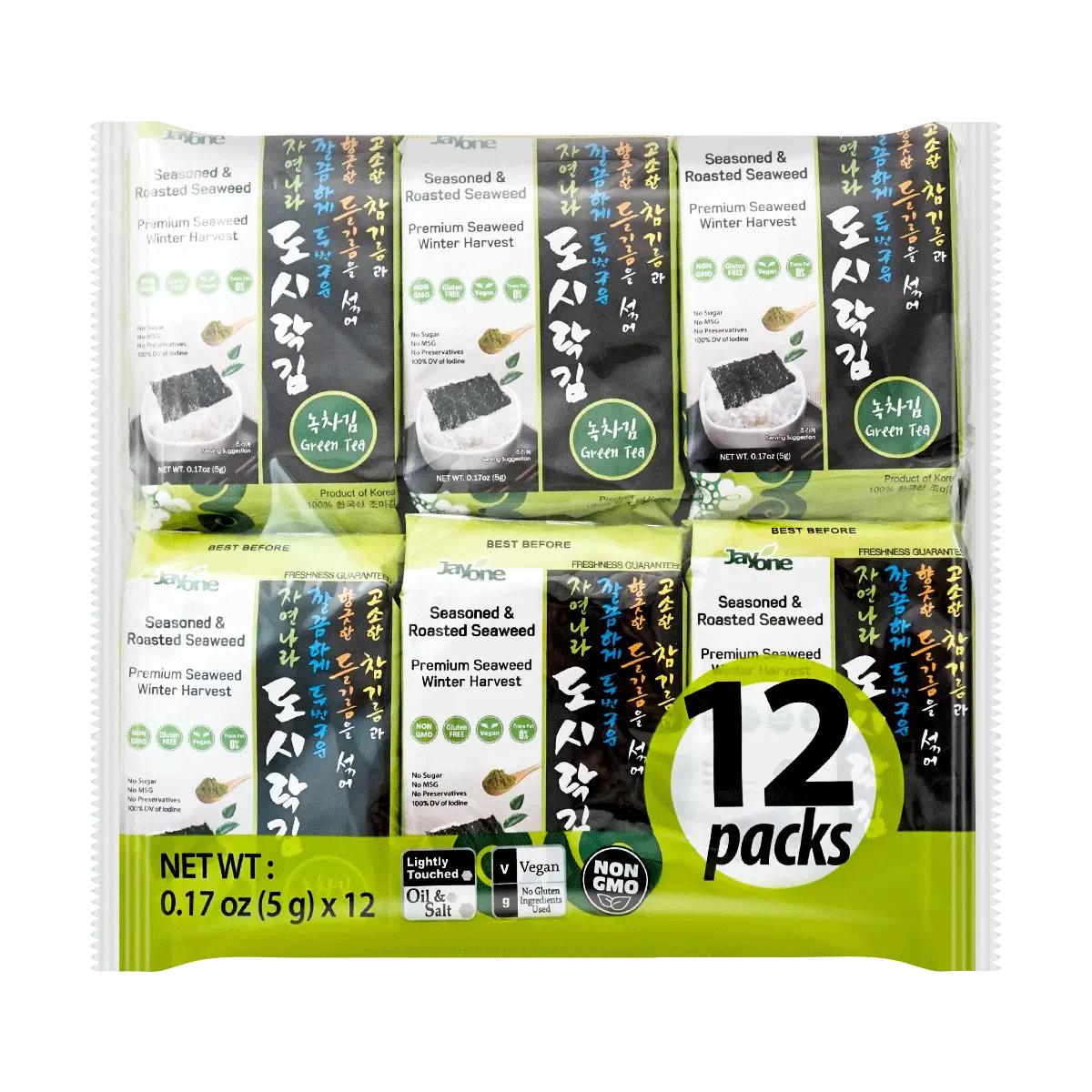 JAYONE Korean Roasted Seaweed Snacks, Green Tea Flavor, 12 Packs (60g) - Healthy & Delicious Snack