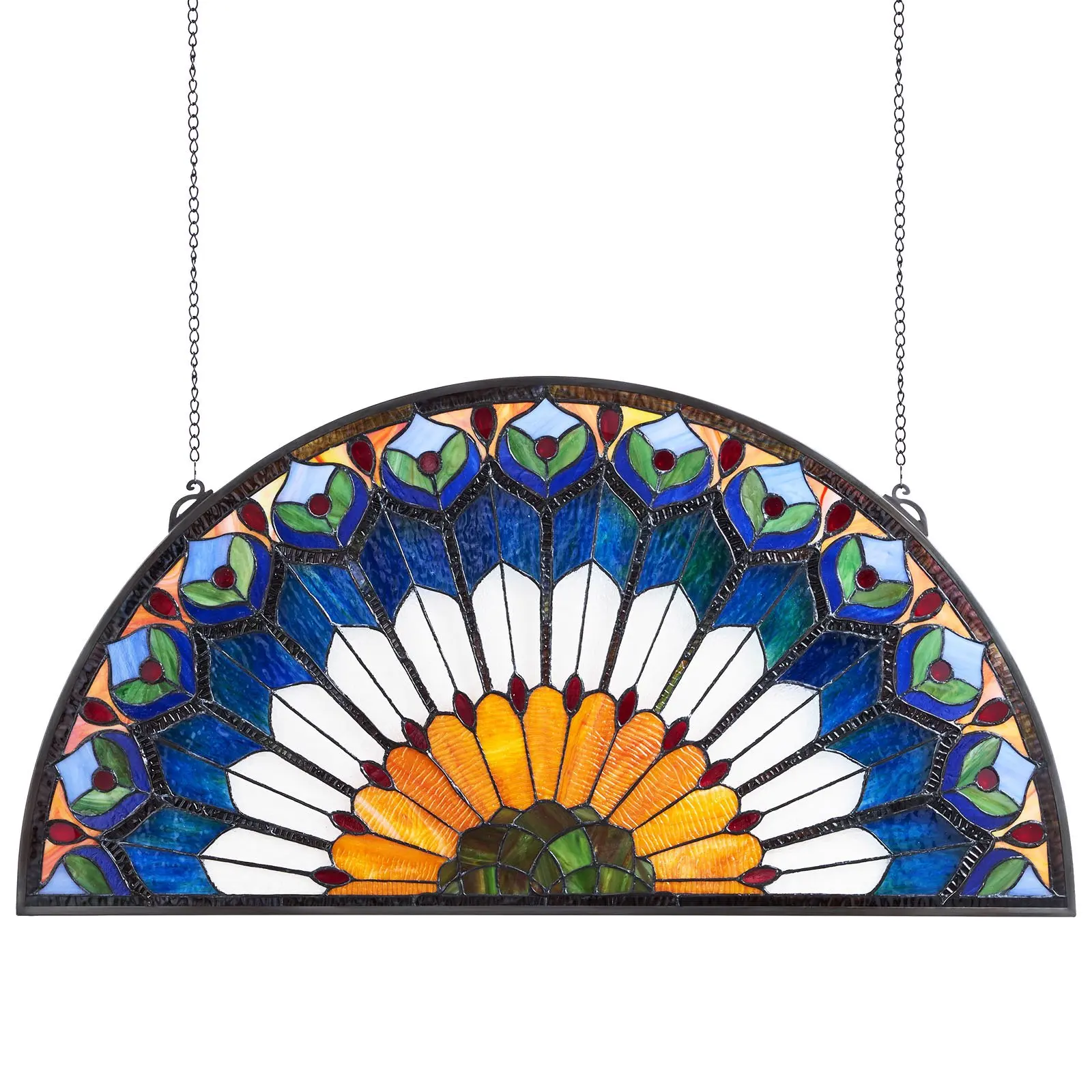 VEVOR Stained Glass Window Panel, 36x 18 in, Tiffany Style Hanging Transom Window Panel with Chain, Large Half-Round Stain Glass Hanging, Vintage Traditional Art Handcrafts for Kitchen Home Decor