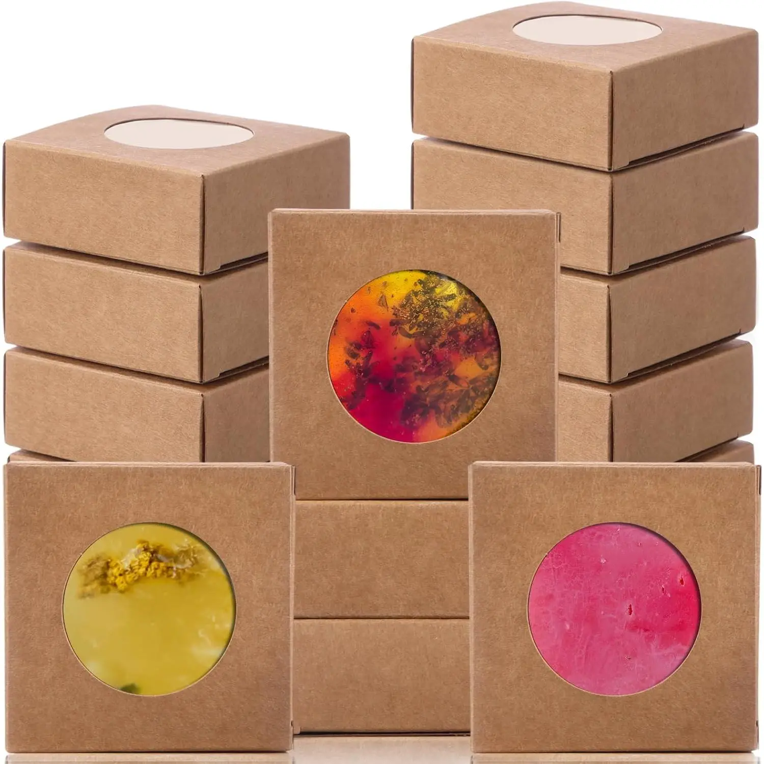 100 count Soap Boxes for Homemade, 3 x 3 x 1.2 Inch Small Paper  Packaging Boxes with Window,  Wrappers for Soap Packaging Making Party Favor(Round,)