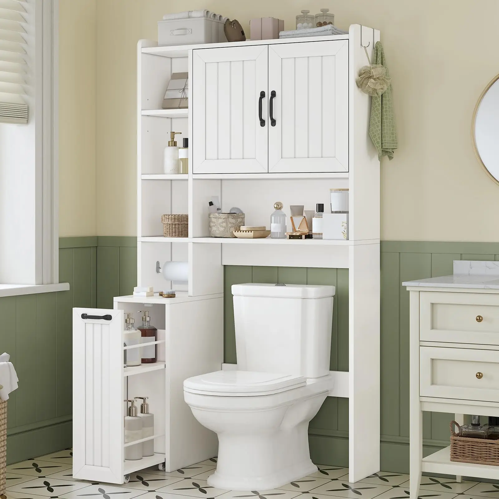 Wood Sturdy Over-The-Toilet Storage Cabinet with Pulley - Effortless Mobile Side Cabinet, Adjustable Shelf, Open Shelf, Dual Reversible Layout, Space-Saving Bathroom Upgrade for Bathroom, Restroom, White