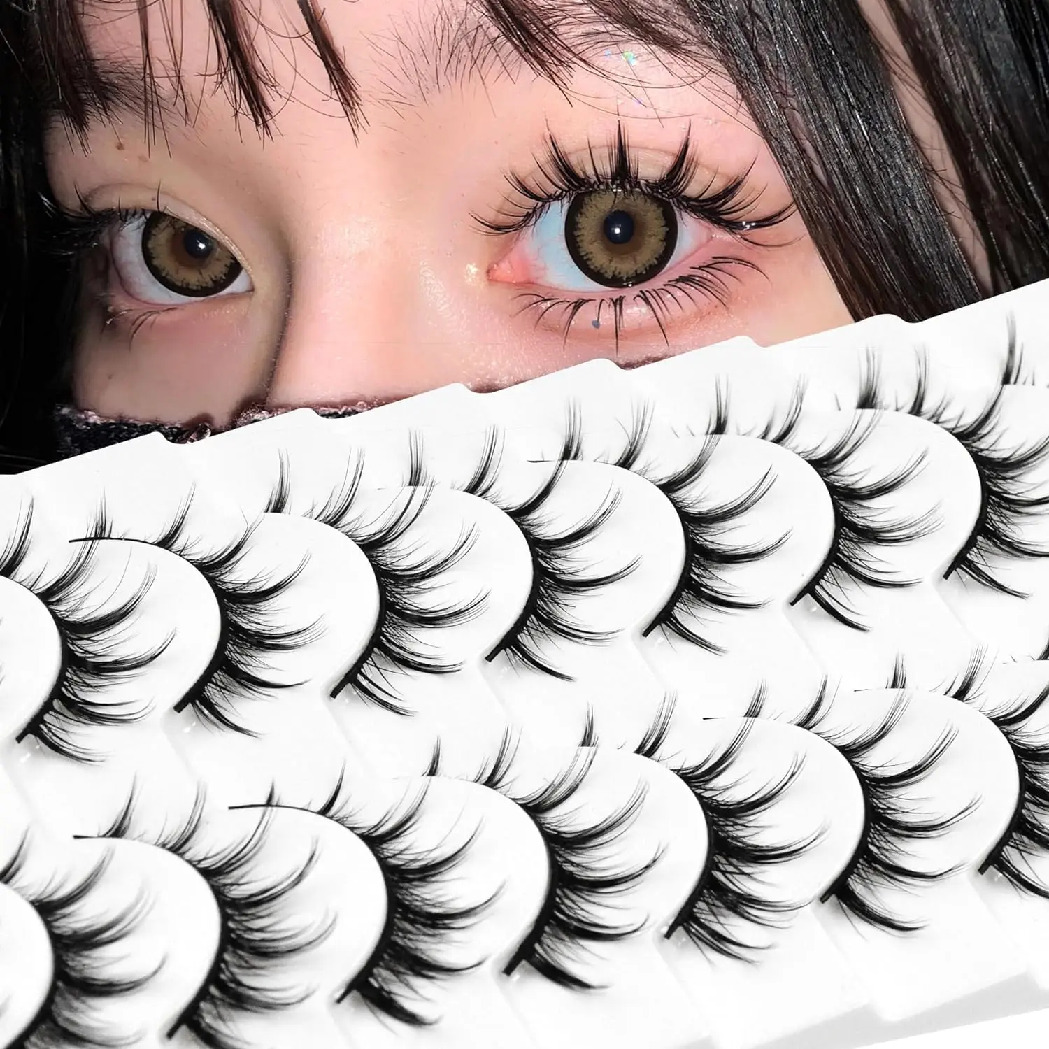 10 Pairs 16mm Wispy Manga Lashes | Natural Look Spiky Style Faux Mink Cat Eye Extensions for Japanese Anime Cosplay
