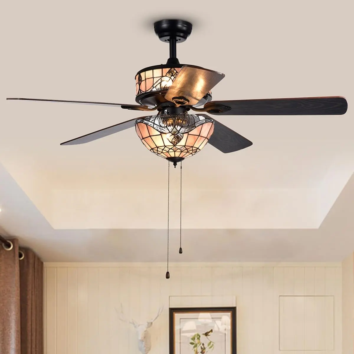 Warehouse of Tiffany  28 in. Orla 4-Light Indoor Hand Pull Chain Ceiling Fan, Black