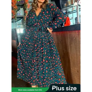 ��Plus Size�� All Over Leopard Print Belted Pleated Dress, Casual Bishop Sleeve Wrap?V Neck A Line Dress for Spring & Fall, Women's Clothes for Daily Wear