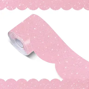 70Ft Glitter Scalloped Bulletin Board Borders - Pink Rolled Border Trim with Wavy Line Design, Shiny Decorative Roll for School, Classroom, Office & Home