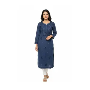 #Top-86 Navy Blue Embroidered Kurti with Mirror/Bead Work – Long Sleeves