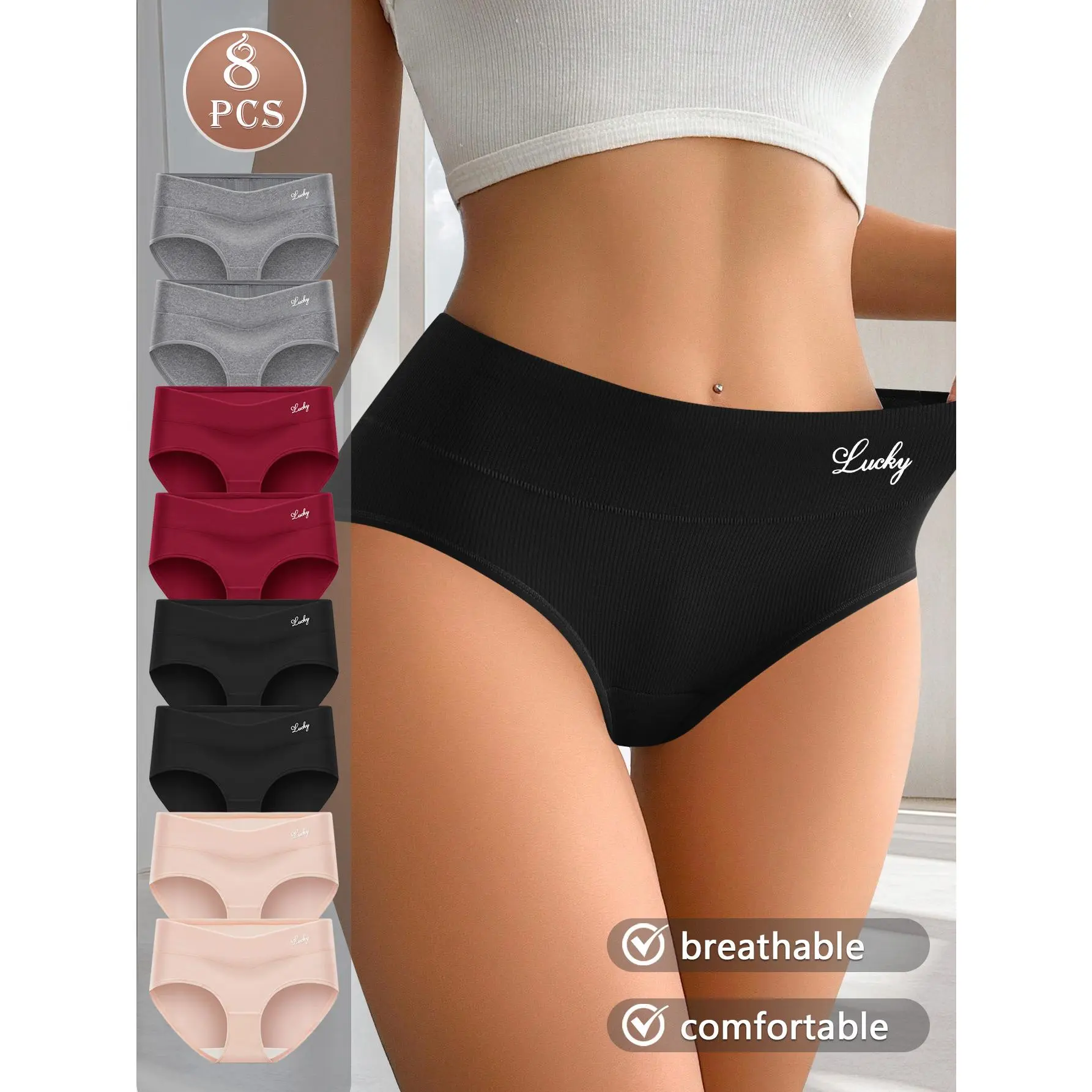 QUASTI 8-Pack Women's Minimalist High-Waisted High-Cut Soft Cotton Panties, Skin-Friendly Breathable Full-Coverage Triangle Underwear for Ladies, Multi-Colored Knickers, S-XXL