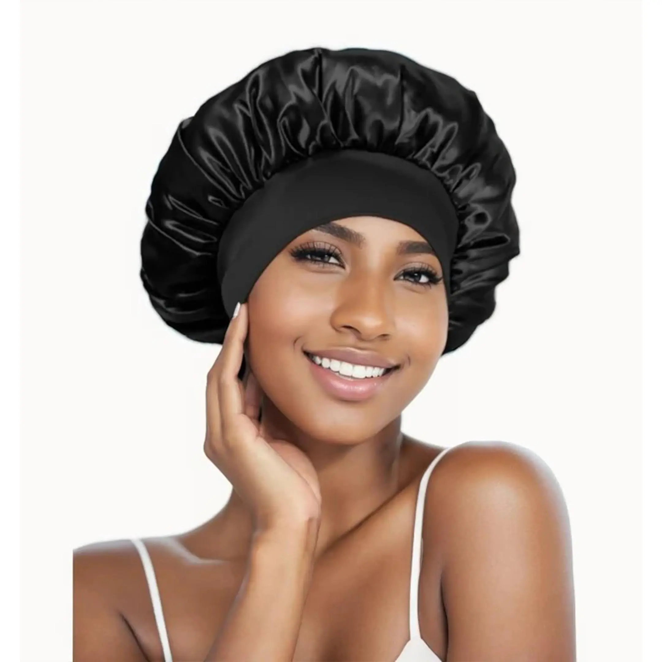TwiceBeauty Silk Bonnet Satin Bonnet With Elastic Band Silk Sleep Cap Soft Hair Cap Hair Wrap for Sleeping Women Men Black  Home Goods Gifts Bathroom Accessory Shower Cap