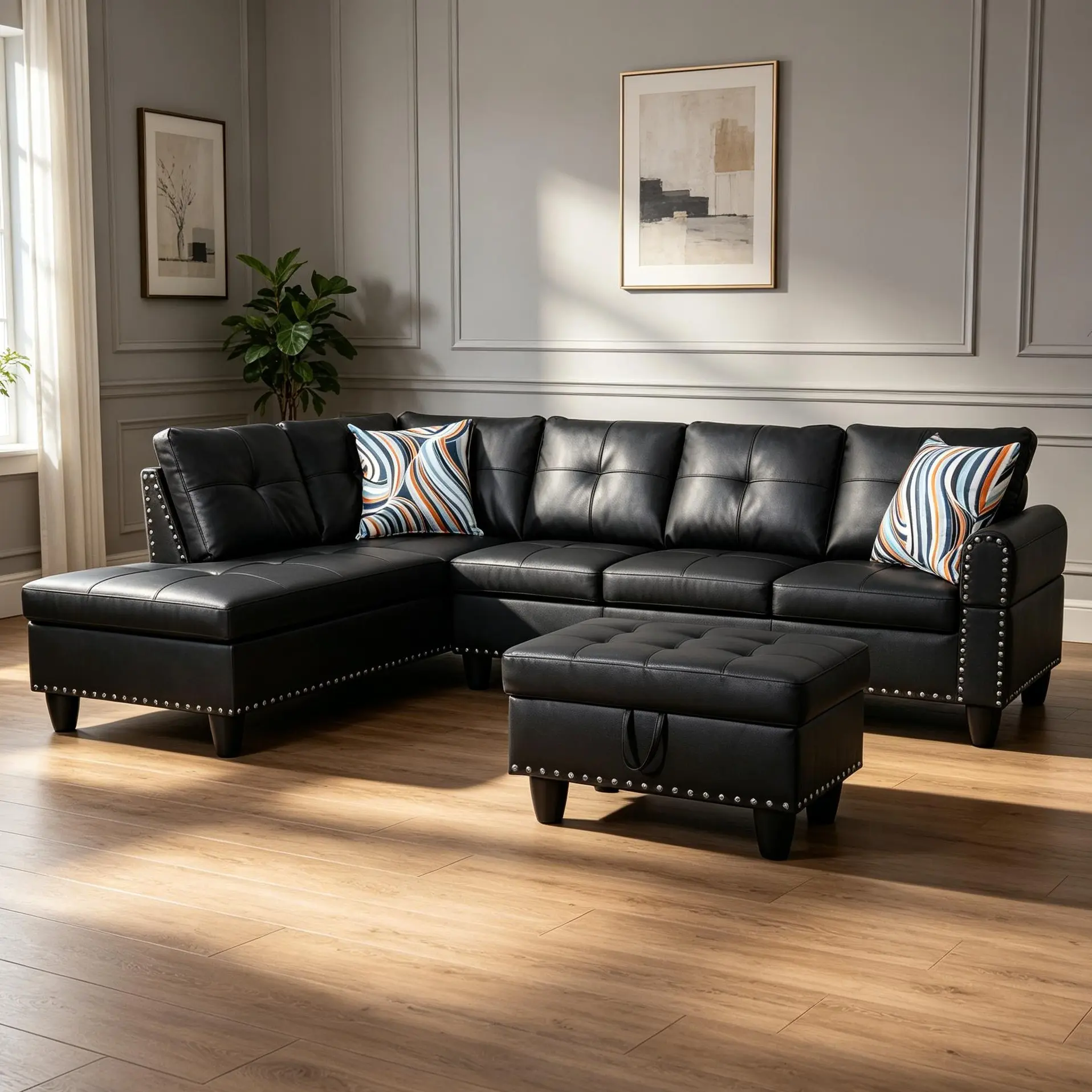 Black L-Shape Couch Combination Sofa Set - High-Grade Faux Leather, Timeless All-Match Design, Space-Saving Compact Sectional for Living Room Indoor Furniture