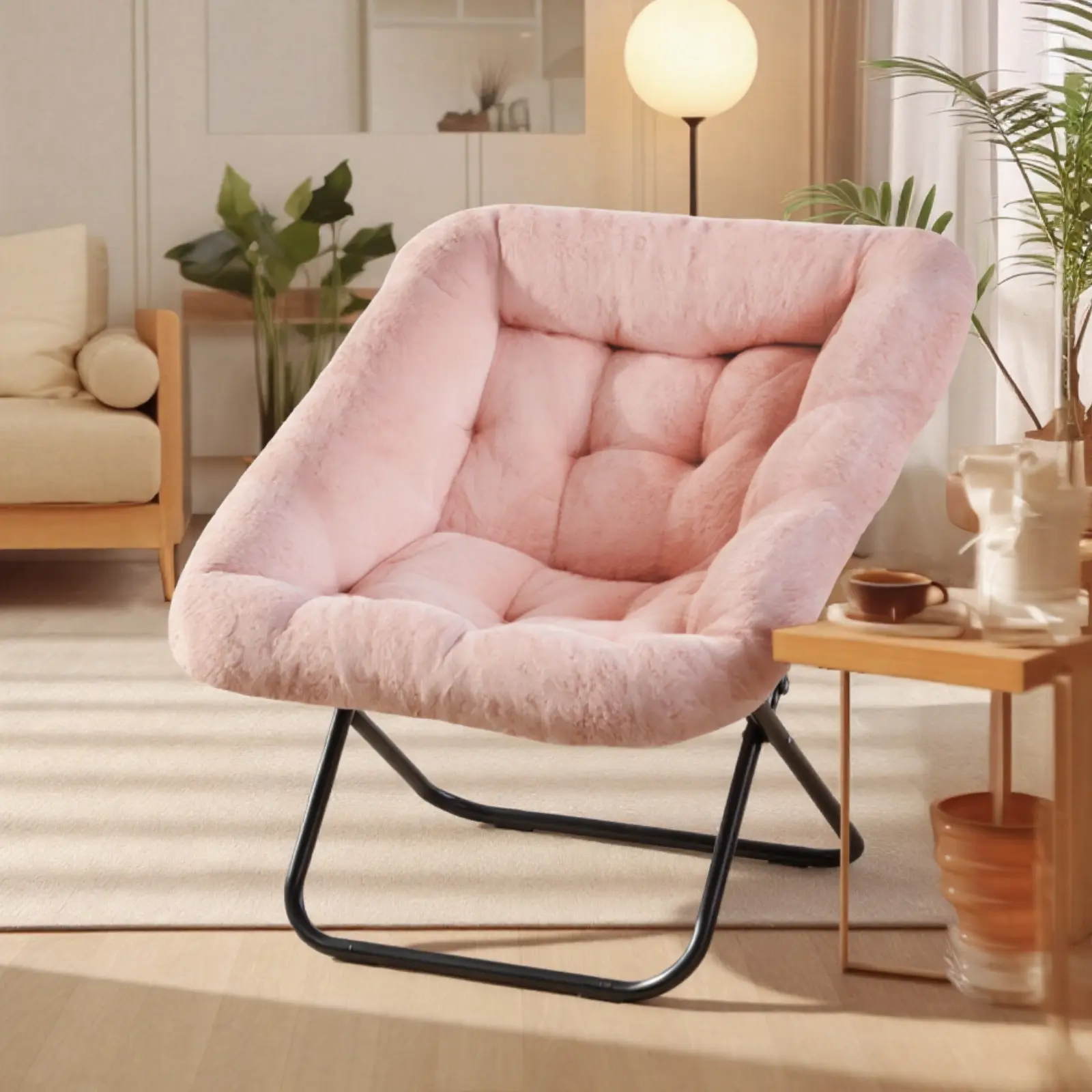 Adult Faux Fur Folding Floor Chair - Sturdy Steel Frame, 220lb Capacity, 22.4" L x 21.6" W x 31.1" H, Comfy Living Modern Furniture for Bedroom, Dorm