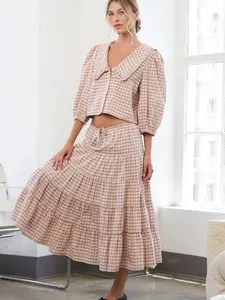 Red Marlow Set Skirt and Top in Plaid Design with Puff Sleeves and Ruffled Hem Coordinated Stylish Outfit for Various Occasions