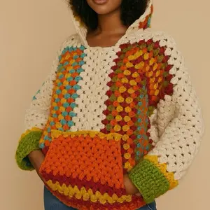 Boho Style Hooded Sweatshirt - Vibrant Crochet Design with Hood & Pockets for Cozy Bohemian Fashion Enthusiasts Casual Womenswear Soft Colorful Long Sleeve Tops