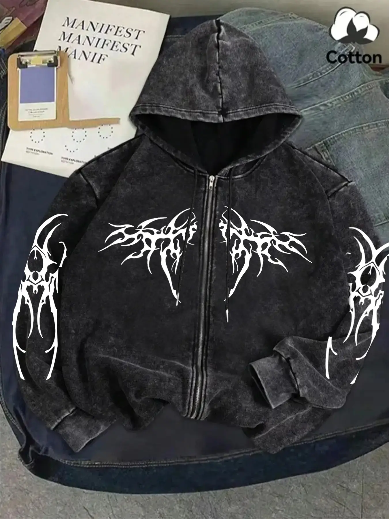 Y2K Rock Wash Full Zip Hoodie, Gothic Cross and Tribal Thorn