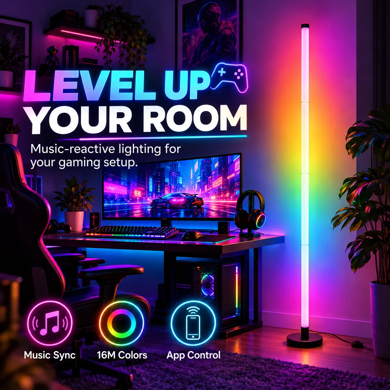 New Upgraded LED Floor Lamp, RGB Color Changing Standing Light with Warm White Mode, Music Sync, Remote Control & Multiple Lighting Effects, 48.8 Inch Decorative Mood Lamp for Bedroom & Cozy Nights