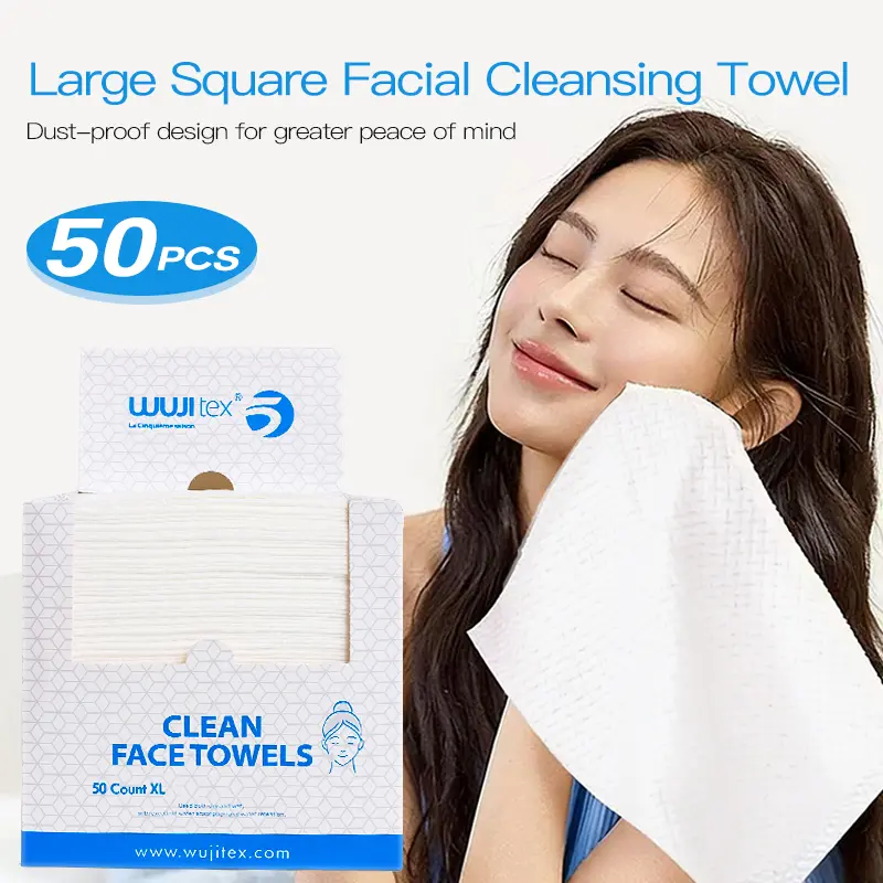 50PCS WUJItex XL Disposable Cotton Face Towels , 10"x12" Large Square Tissue, Super Soft & Absorbent, Sealable Dust-Proof Packaging for Sensitive Skin, Makeup Remover Tool