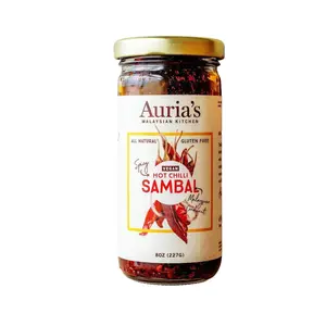 Auria's Malaysian Kitchen Vegan Hot Chilli Sambal, 8oz Glass Jar, Gluten-Free & Dairy-Free with Fermented Shrimp Paste