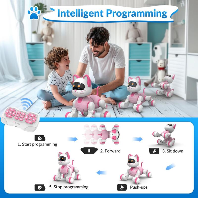 Programmable Remote Control Robot Cat Dog for Kids, Interactive Robotic Cat, Robo Cat, RC Robot with Touch Sensing, LED Eyes, Dance & Music, Sticker (White)7